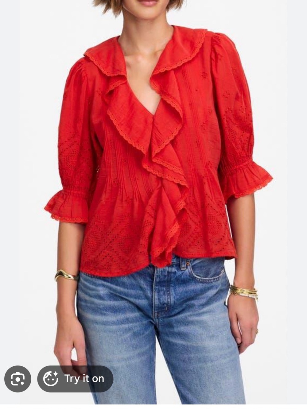Madewell Pintuck Eyelet Ruffle Puff Sleeve Blouse - Size Medium